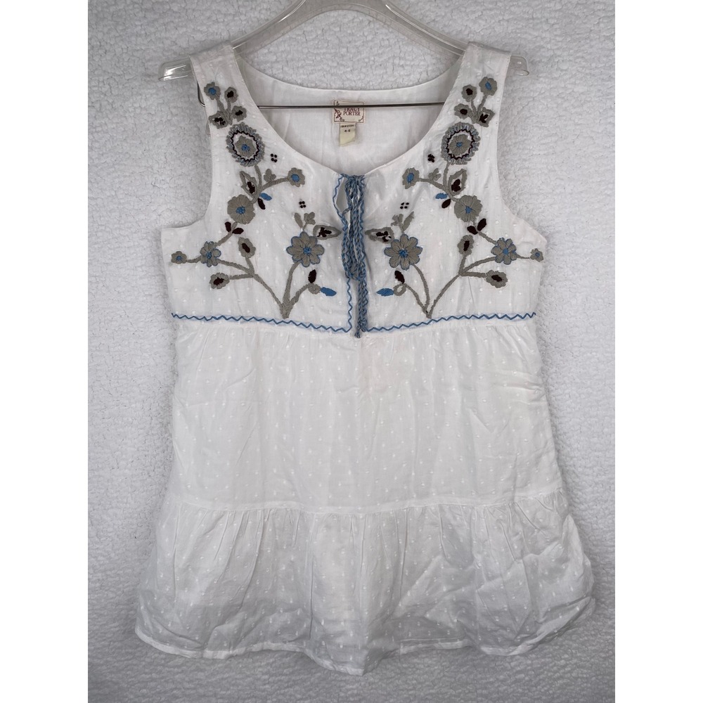 Tracy Porter White Floral Embroidered Swiss Dot Babydoll Blouse Womens 4-6